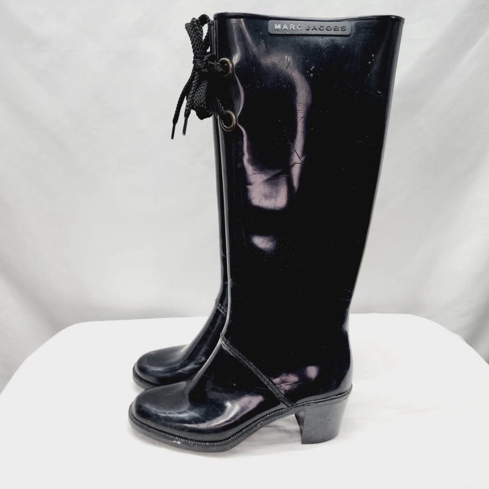 Marc Jacobs Black Rubber Tall Chunky Heel  Rain Boots size 7 euro 38